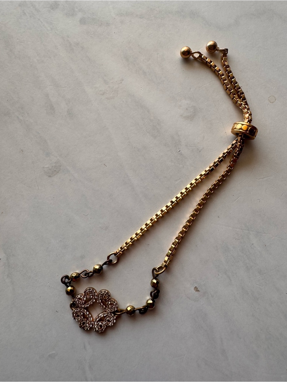 Gold Tone Adjustable Bolo Box Chain Bracelet w/ Floral Pavé Crystal Charm